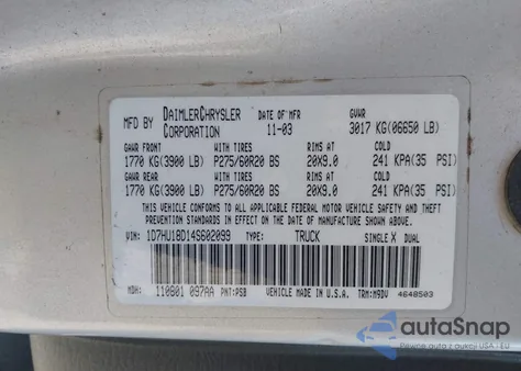 2004 Dodge Ram 1500 Slt/Laramie из США, поврежденный, VIN 1D7HU18D14S602099